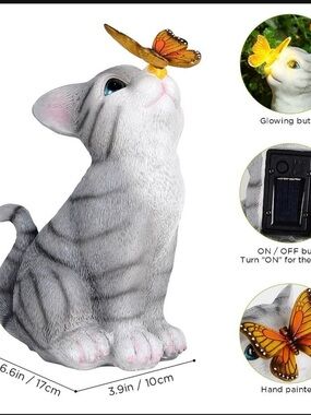 Gray Tabby Cat Solar Statue with Orange Butterfly